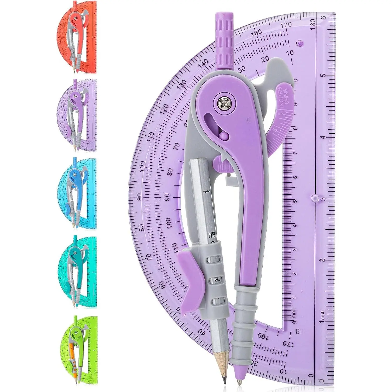 Geometry Compass and Protractor Set, 6 Inch Compass| 6 Inch Protractor, Drawing Tool for School, Clear Plastic, Easy Grip, Precision Design for Math, Art, Drafting, Architecture