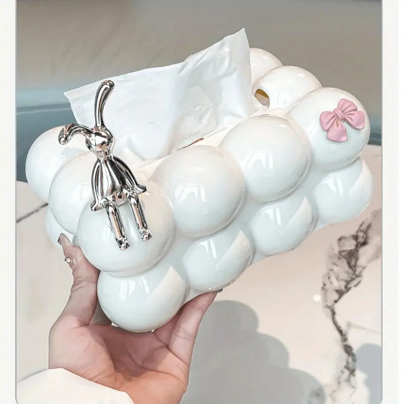 Modern Square Tissue Box | Cloud Look Glossy Plastic, Creamy White Foam Design with Cute Rabbit & Bow, Spring Mechanism for Living Room, Bedroom and Bathroom, Bathroom Accessories