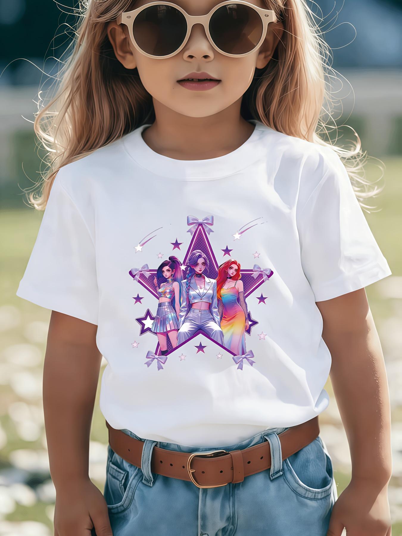 1Fashion K-Pop Style Girls' Boys' T-Shirt |   Anime Style Three Female Characters Design With Shiny Purple Star Background And Metallic Letter Print, Ideal For Summer Casual Wear, Perfect Christmas, Birthday, Party Gift
