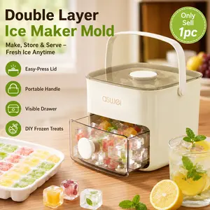 Ice Maker Mold with Easy-Press Lid, Double Layer Ice Cube Tray Box with Visual Drawer, Comfortable Handle, Button Release and Stackable Storage Design, Portable Freezer Ice Cube Container for Drinks, Coffee, Juice, Cocktails and Kitchen Use