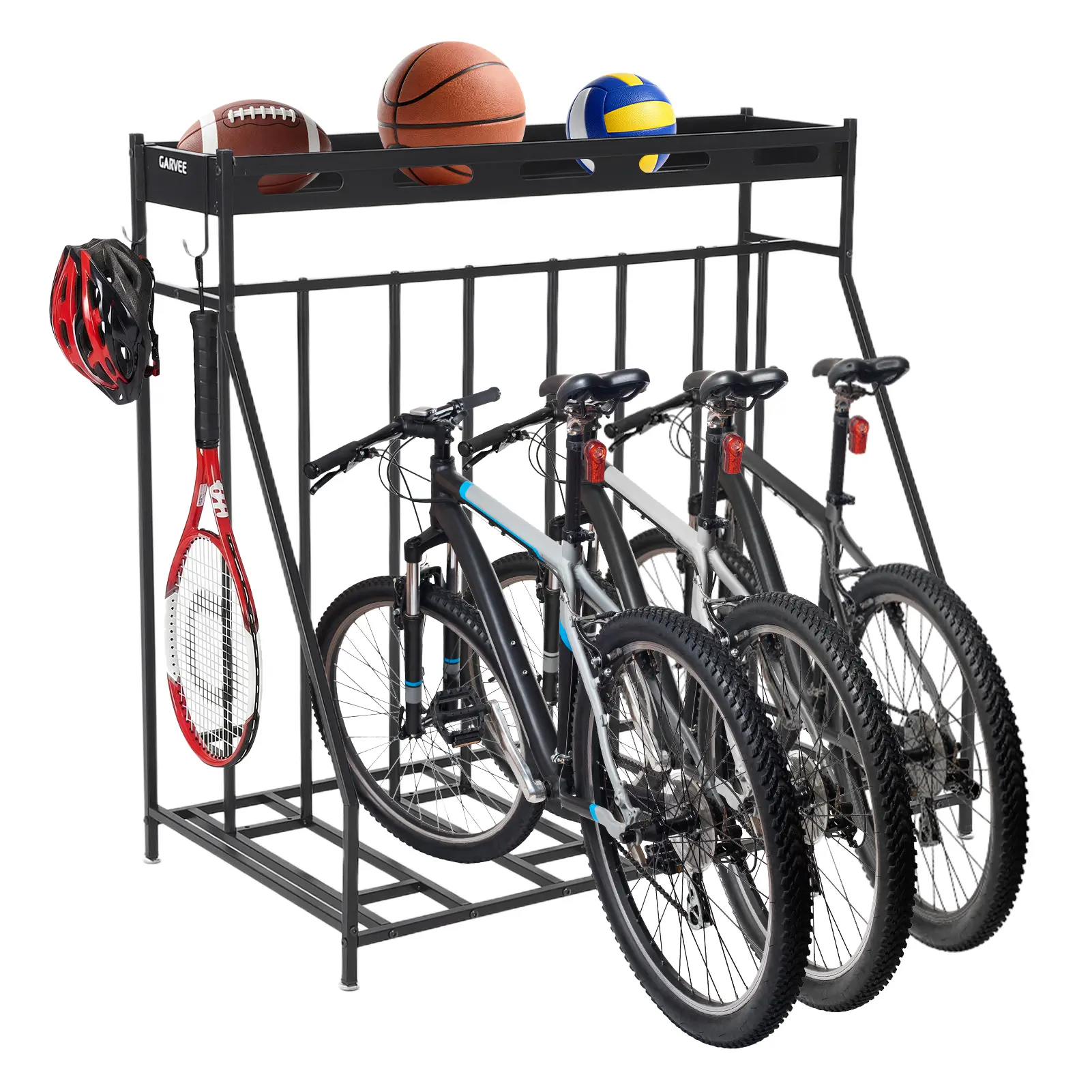 Bike Rack Garage Storage Floor Stand - Freestanding Bike Organizer for 4 Bicycles, Scooters, Rakes, Motorcycles & Hoverboards, for Indoor, Garage & Yard Use