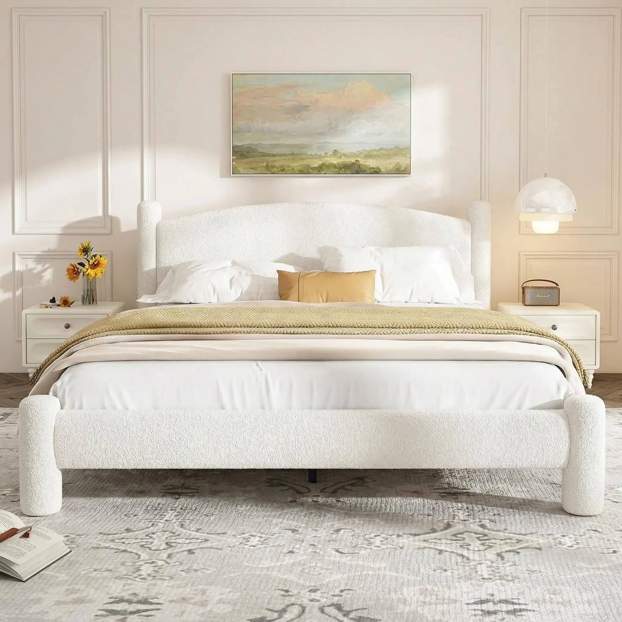 Modern Cloud-Design Boucle Upholstered Bed Frame with Soft Round Headboard & Cylindrical Legs, Heavy Duty Wood Slats, Noise Free, No Box Spring Needed, Easy Assembly
