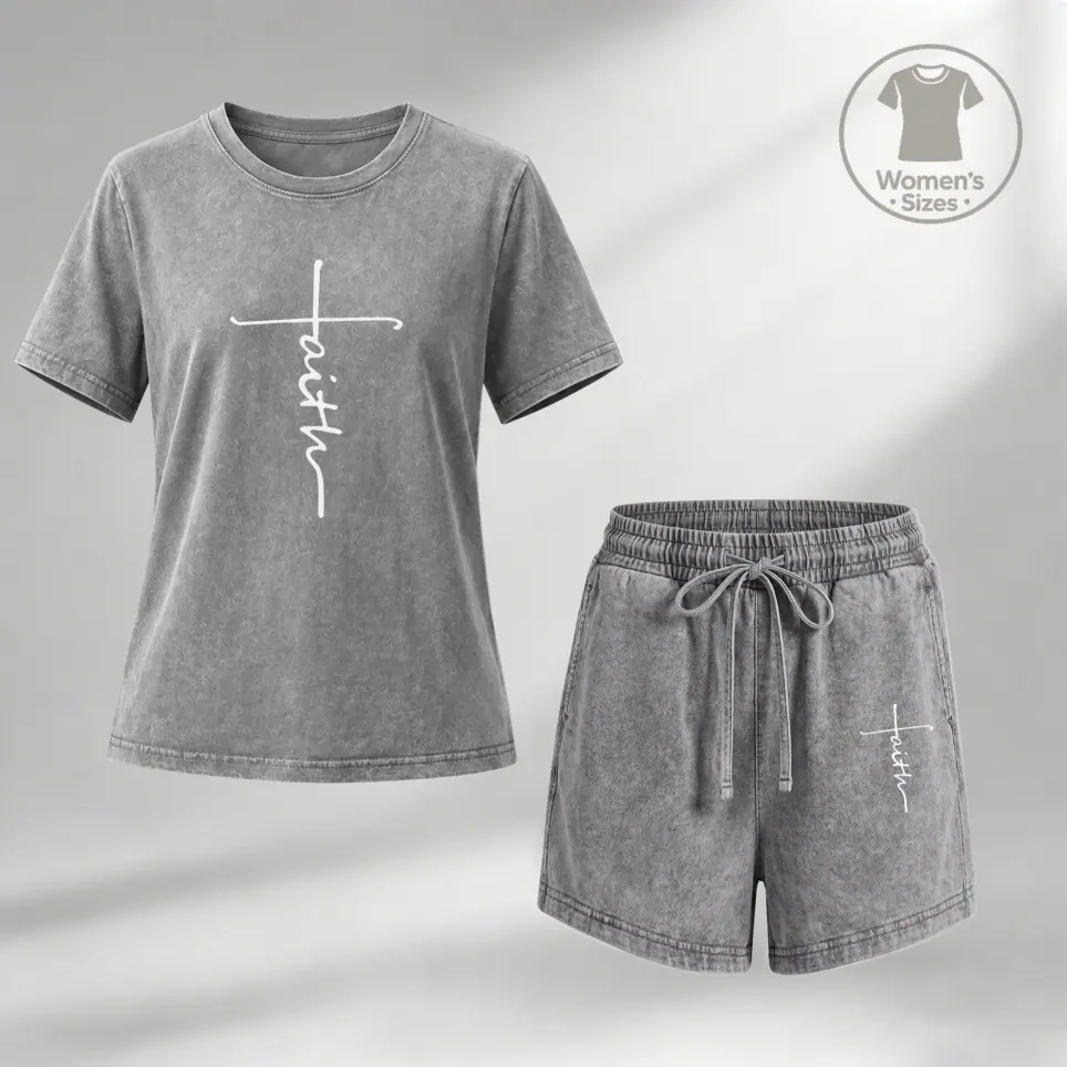 Women’s 100% Cotton Washed 2 Piece Shorts Set, Faith Graphic Crew Neck Short Sleeve T Shirt and Drawstring Shorts, Soft Breathable Casual Summer Lounge Outfit