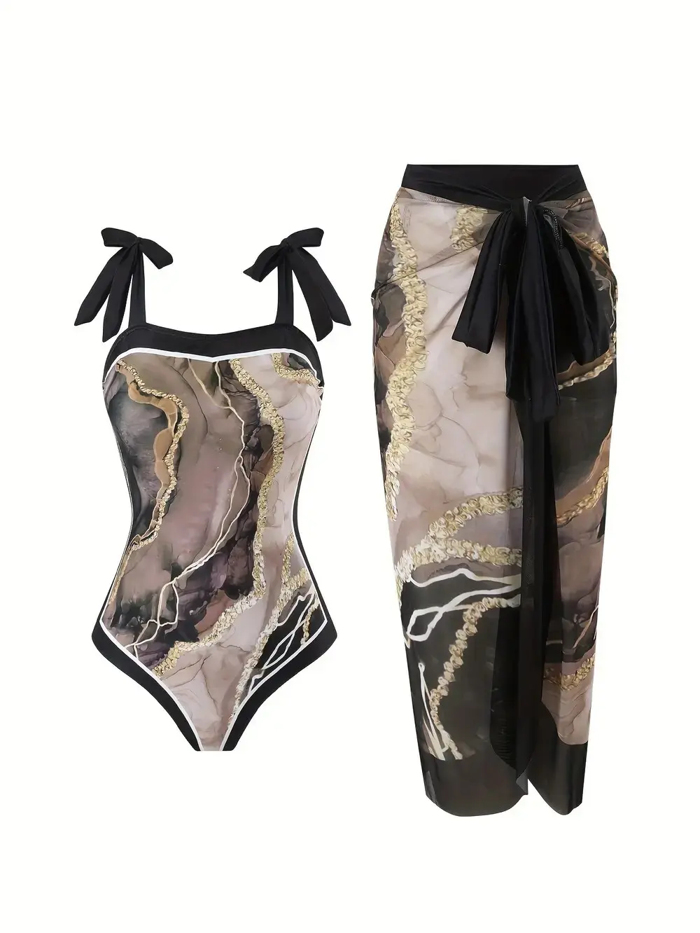 Women's Luxury Black & Gold Marble Patterned Onepiece Swimsuit - Polypropylene, Bow Straps, High-End Slimming Swimming Bathing Suit for Beach Parties, Beach Party Swimsuit, Chic Swimsuit