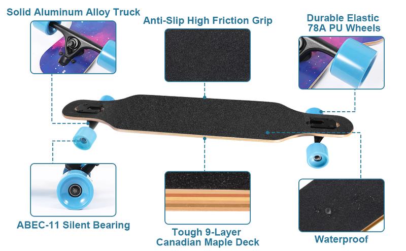Longboard Skateboard, 41 Inch Drop Through Longboard Complete 9-Ply Nature Maple Premium Cruiser Long Board for Adults, Teens and Kids - High-Speed Bearings & T-Tool