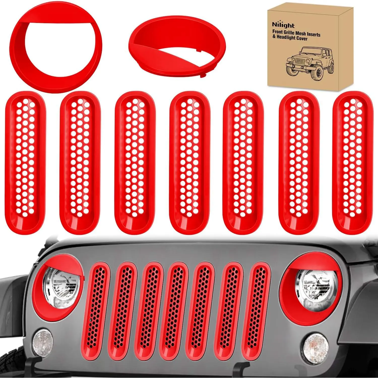 Nilight Red Impact Resistant High-Strength ABS Grill Mesh Inserts & Headlight Cover Set, 9-Pcs Clip-In Automotive Car Accessories for Jeep Wrangler JK/JKU Series 2007-2018 Front Grille Exterior Trim
