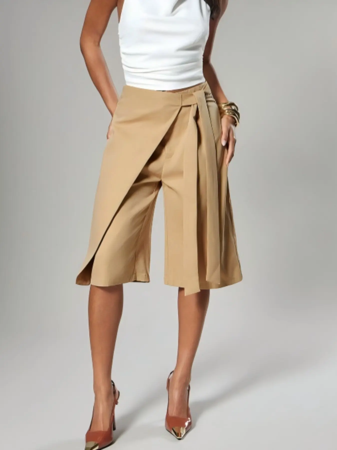 Women's Casual Bermuda Shorts, Solid Color Fitted Five-Quarter Pants, Tie Detail Design, Spring Summer Autumn Commuter Wear