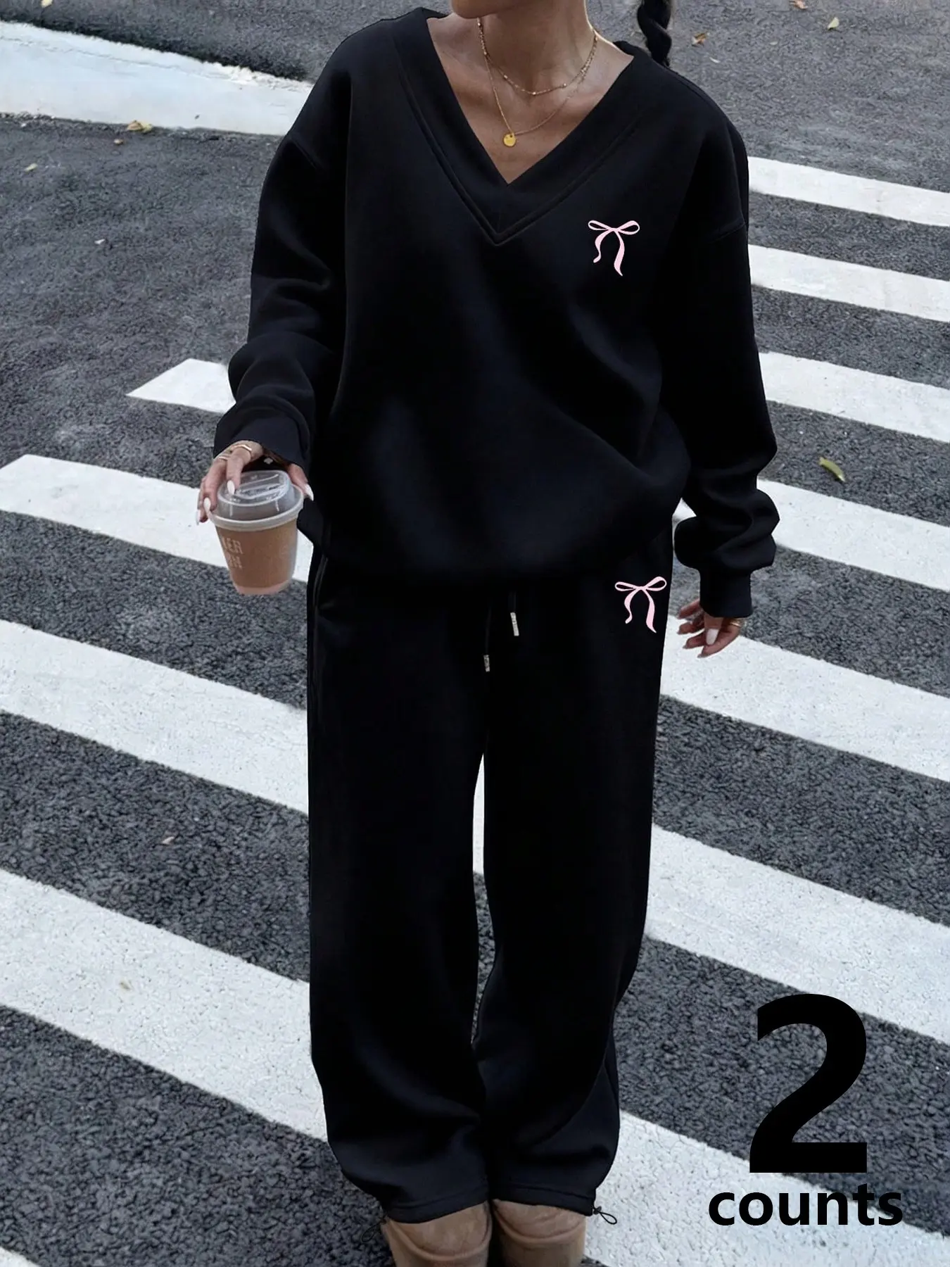 2Pcs Set Women Outfit, V Neck Oversized Sweatshirt + Drawstring Wide Leg Pants, Pink Bow Print Coquette Tracksuit For Daily Street Style