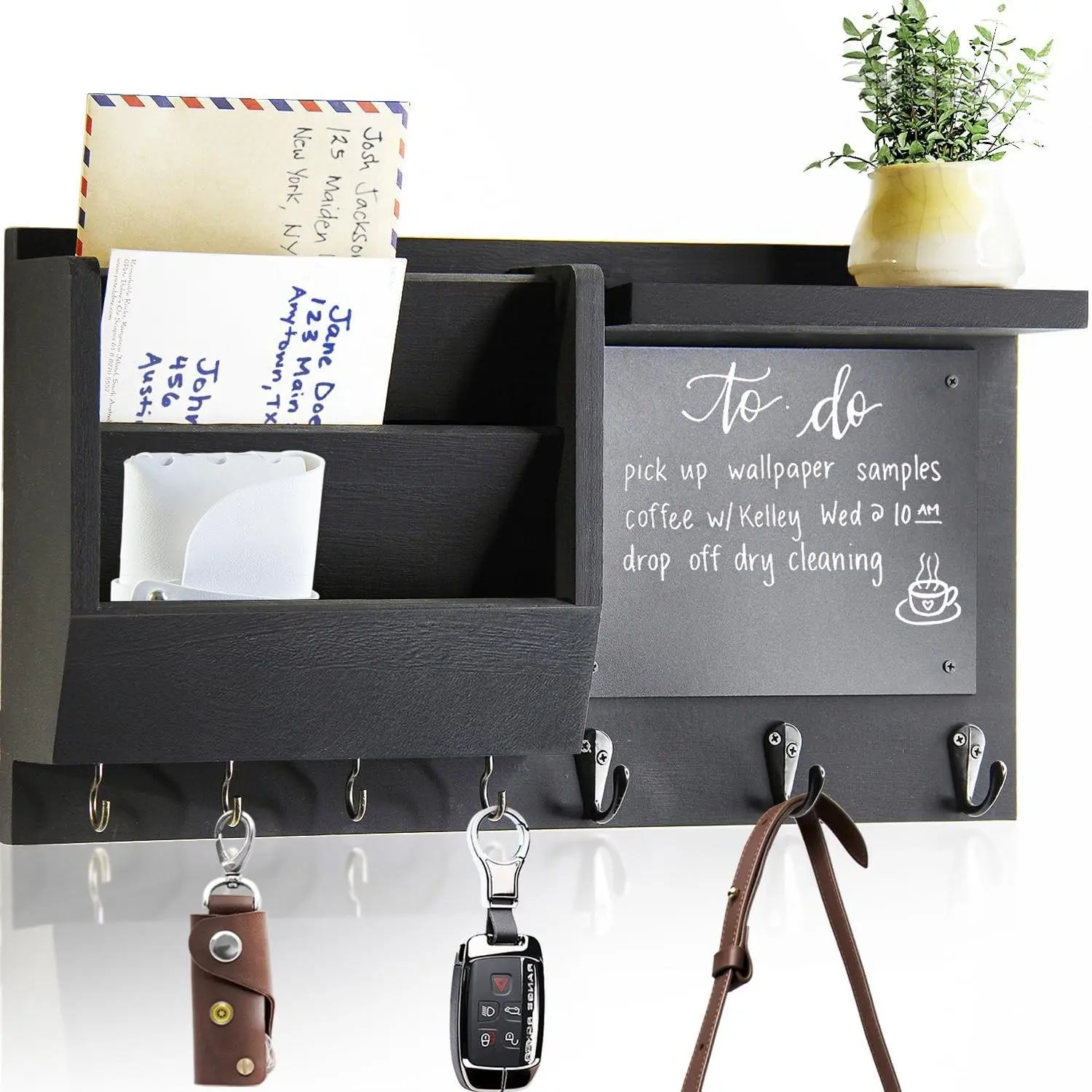 Decorative Wall Mount Key Holder with Shelf - Hanging Mail Organizer Key Rack with Hooks for Entryway, Living Room, Coat, Letters, Dog LeashGift