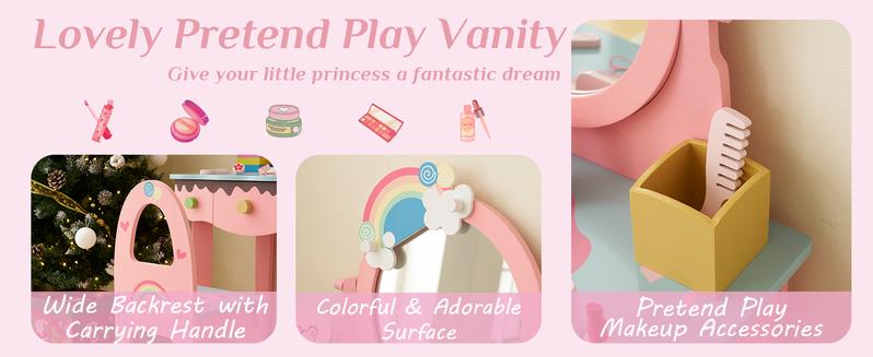 Karlhome Kids Vanity Table and Chair Set, Princess Toddler Dressing Table with 7pcs Multiple Make up Accessories 3 Drawers & Tabletop Storage, Wooden Pretend Play Vanity Set for Little Girls