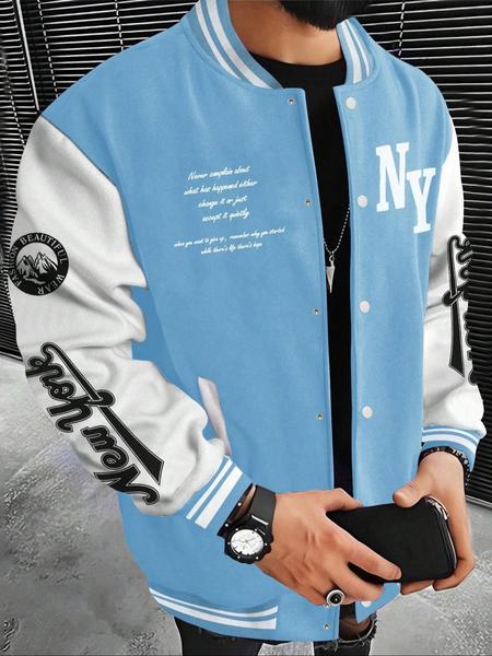 Men's Letter Print Baseball Collar Bomber Jacket, Loose Casual Sporty Long Sleeve Varsity Jacket for Fall & Winter, Men's Outerwear for Daily Wear Men's Letter Print Baseball Collar Bomber Jacket, Loose Casual Sporty Long Sleeve Varsity Jacket for Fall & Winter, Men's Outerwear for Daily Wear