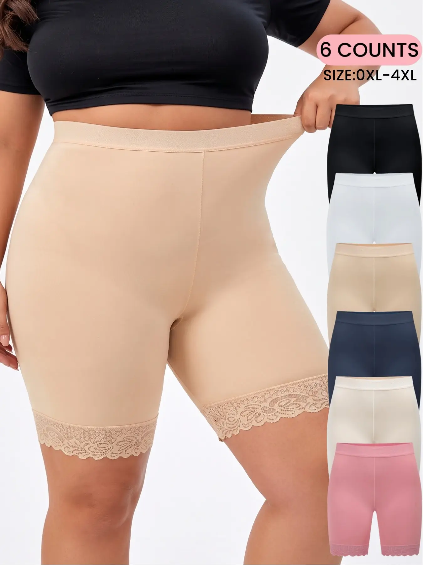 Plus Size Women's High Waist Long Soft Comfortable Four-Way Elastic Shorts, Breathable Lace Trim Underwear, Elastic Anti-Chafing Bottom, All-Season Safety Pants, Breathable Body Shaper