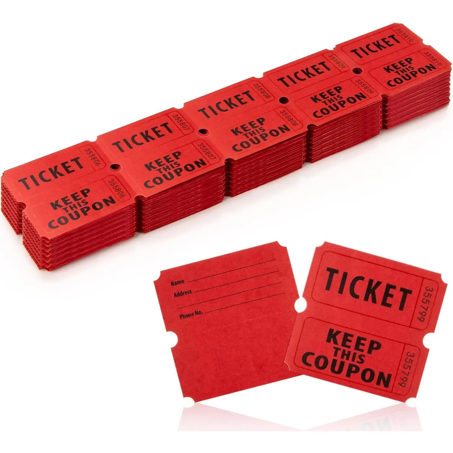 200PCS Double Roll Raffle Tickets - 50/50 Writable Raffle Tickets Perforated Line Consecutive Numbers Tearable Suitable for Raffles, Events, Carnivals, Entry, Party, Lottery, Prizes, Red