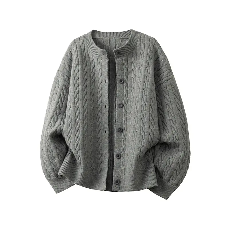 Men's Cable Twist Cardigan, Casual Plain Long Sleeve Crew Neck Button-Up Knitwear in a Soft and Thick Acrylic Blend, Relaxed Cut