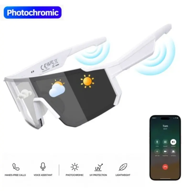 Bluetooth Smart Sports Sunglasses with Photochromic Lens, Open-Ear Audio, Hands-Free Calling, Voice Assistant and UV400 Eye Protection for Cycling, Running and Outdoor Activities