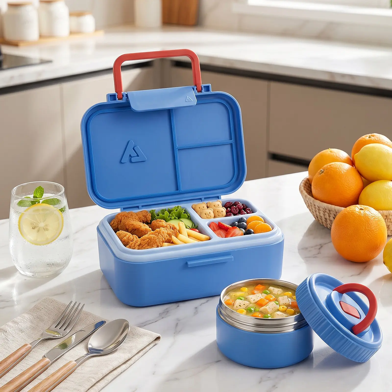 Portable Bento Box Set, Insulated Soup Bowl and Reusable Ice Bag, Leak-Proof Three Compartment Food Storage, Ideal for School, Picnic, Travel