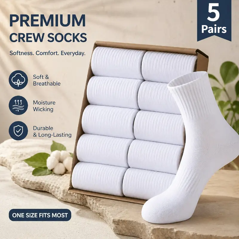 Women's Mid-Calf Socks - 10Pcs (5Pairs) Unisex Solid White, Breathable Warm Soft Stretchy Fit, Durable Easy Care Large Pack, Casual Use Essential Gift for Him