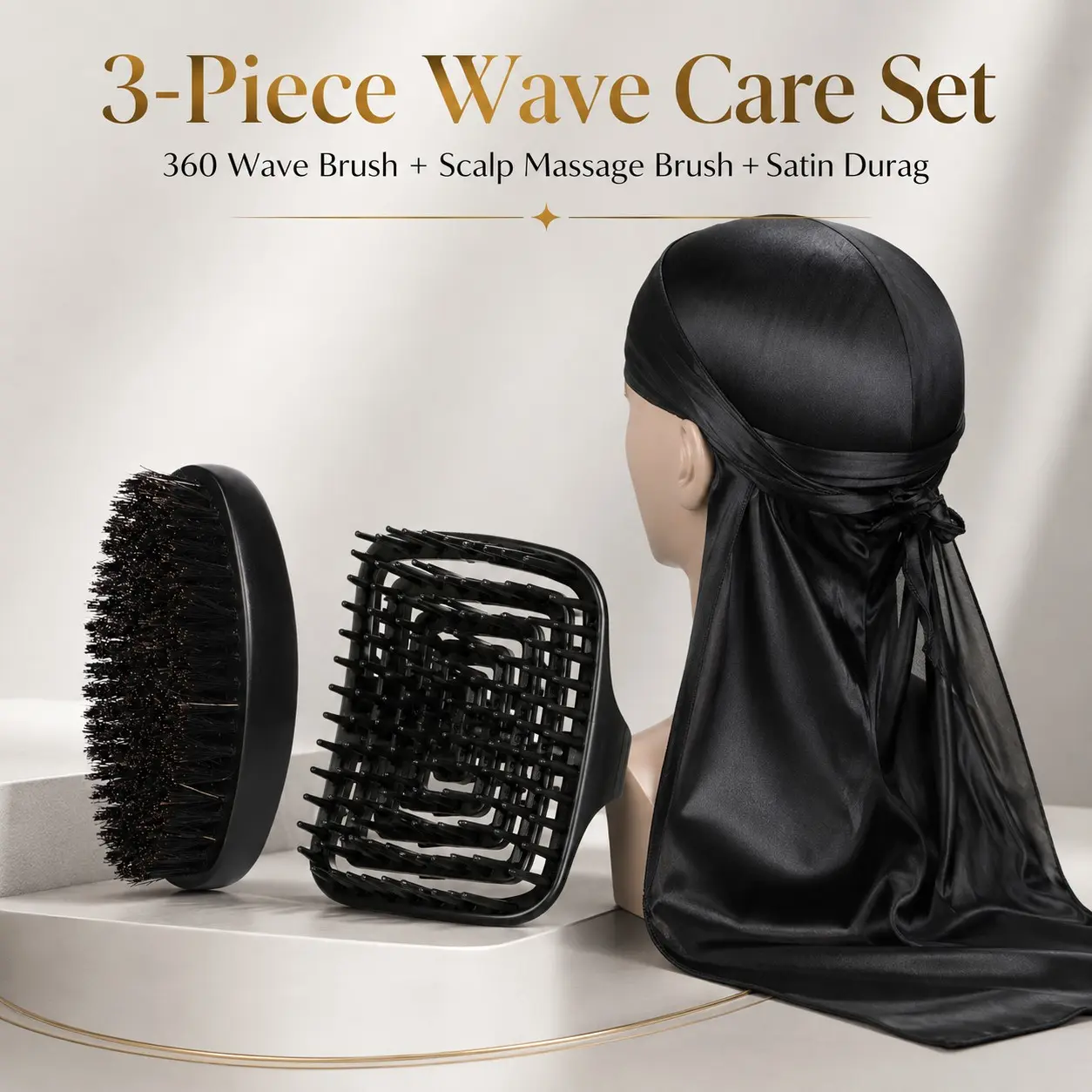 3-Piece 360 Wave Care Kit for Men – Medium Bristle Wave Brush, Scalp Massage Brush & Durag for Wave Training, Styling and Overnight Protection