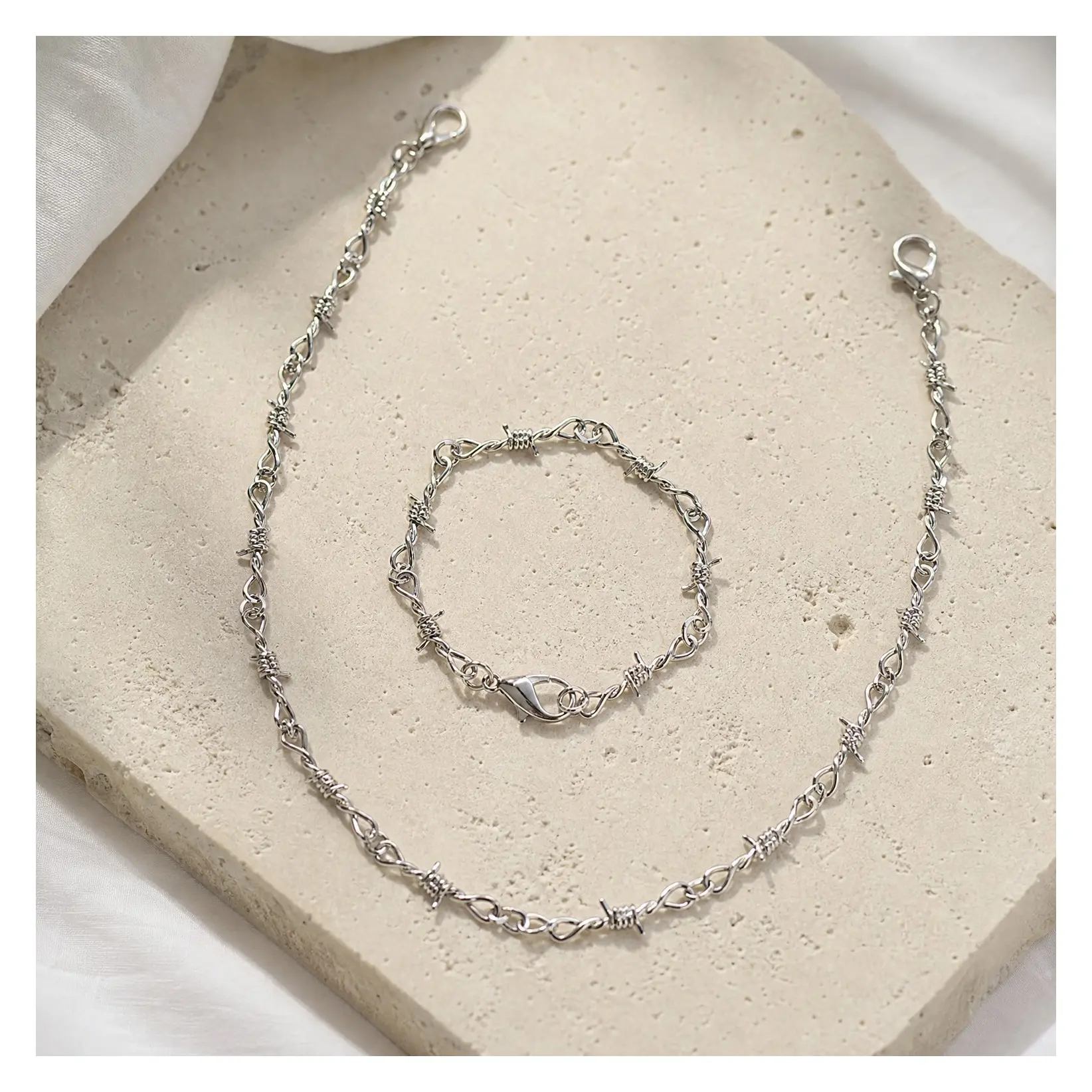 Gothic Punk Thorns Barbed Wire Chain Necklace Bracelet Silver Jewelry for Men and WomenGift