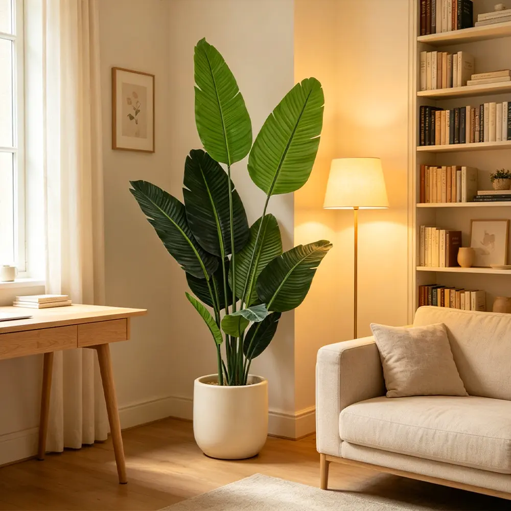 5-6 ft Tall Artificial Traveler's Banana Plant, Potted in Woven Basket, Large Indoor Floor-Standing Home Decor, Low-Maintenance Bionic Faux Greenery for Living Room