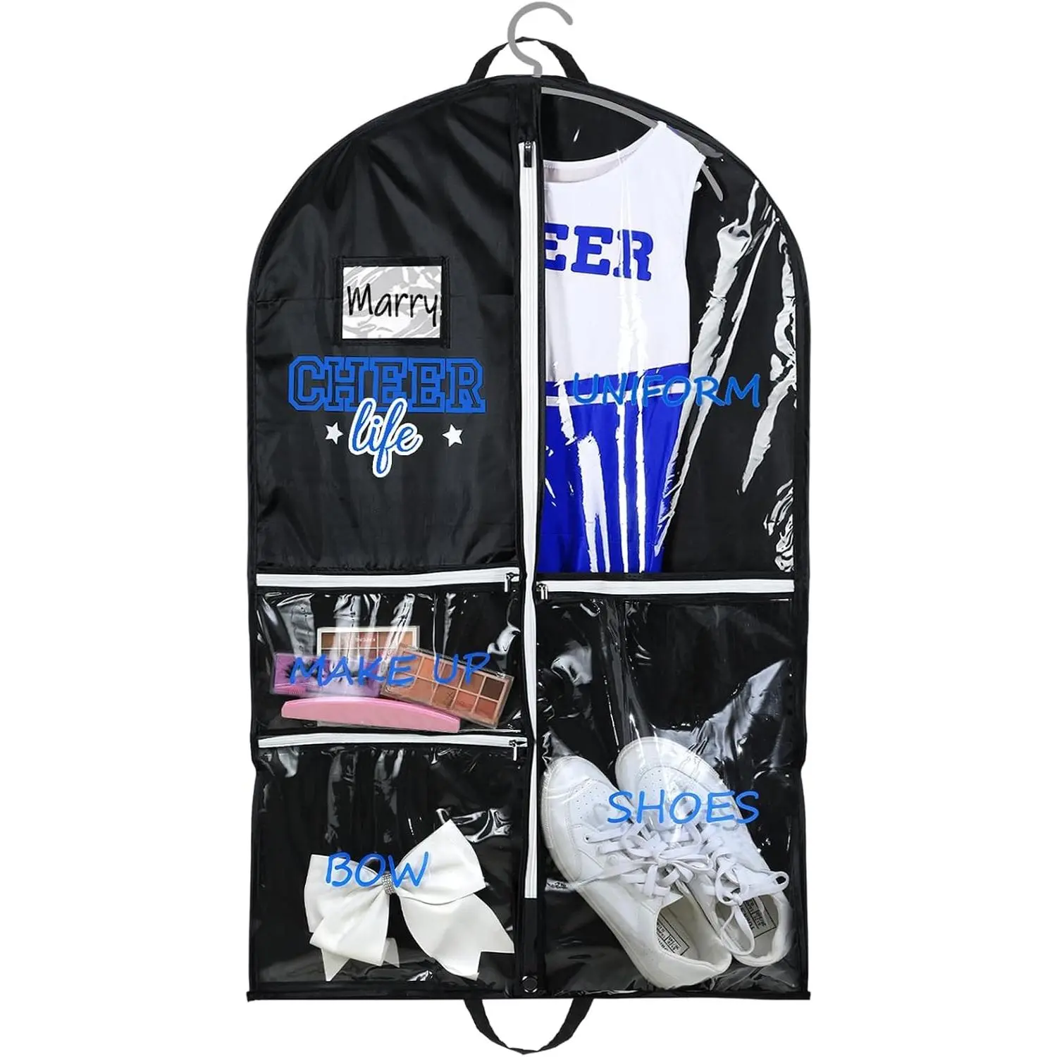 40" Cheer Uniform Garment Bag for Cheerleading - Waterproof Hanging Storage with 5 Pockets, Side Zip Travel Bag, Black/Blue, Cheer Mom Gift for CompetitionsGift