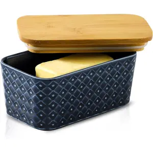 Ceramic Extra Large Butter Dish with Lid Airtight Cover for Countertop Refrigerator, Navy Blue Embossed Pattern Butter Container Dishwasher Safe for Kitchen Farmhouse Gifts