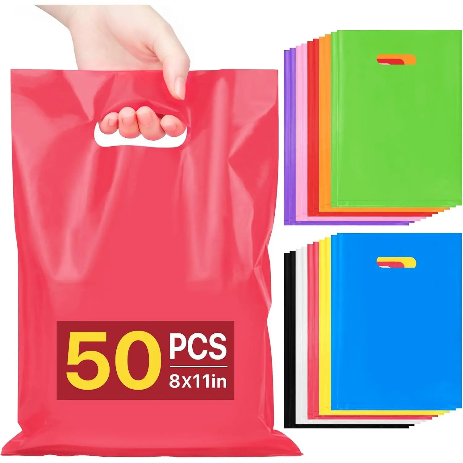 50 count Multicolor Party Favor  Bags 8"x11", Goodie Bag Bulk for Candy   Snack Craft, Small  Plastic Party Bags with Handles for  Birthday, School &  Events