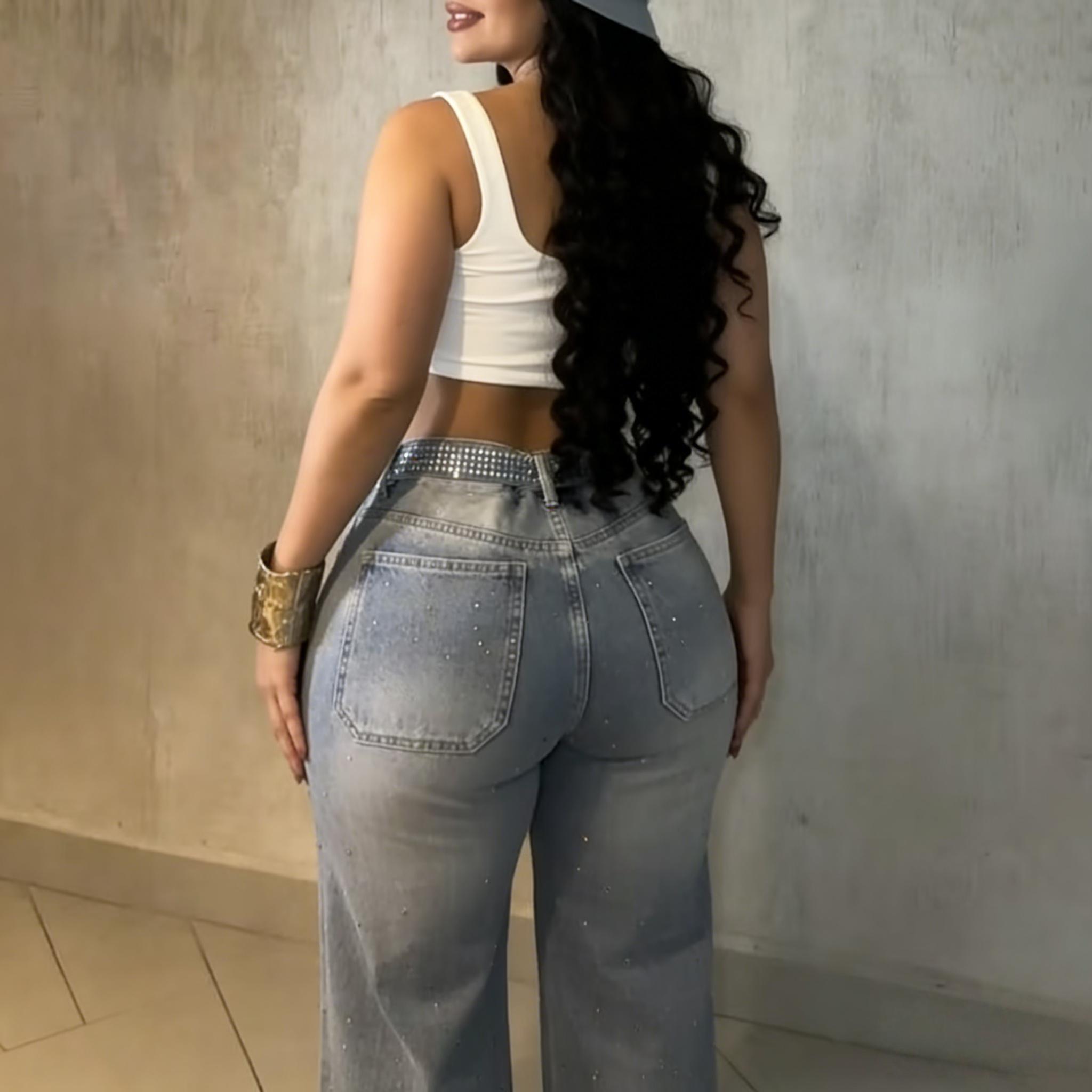 Women's Allover Rhinestone Decor High Waist Zipper Fly Jeans Casual Wide Leg Loose Fit Denim Pants with Rhinestone Decor Belt