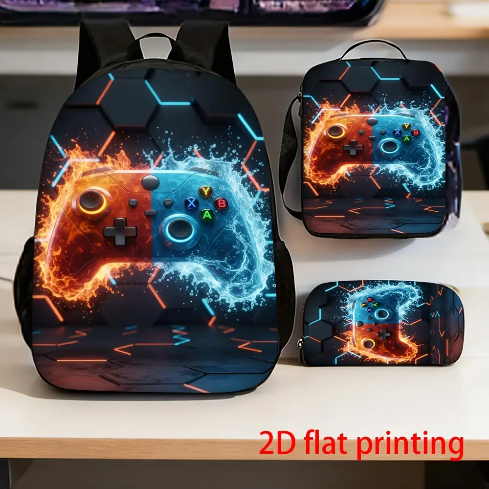 Polyester Fiber Gaming Backpack with Flame/Water Art for Kids & Teens, Hazard-Free Gamer Look with Side Mesh Slots for School & Travel, Travel/Day Trip