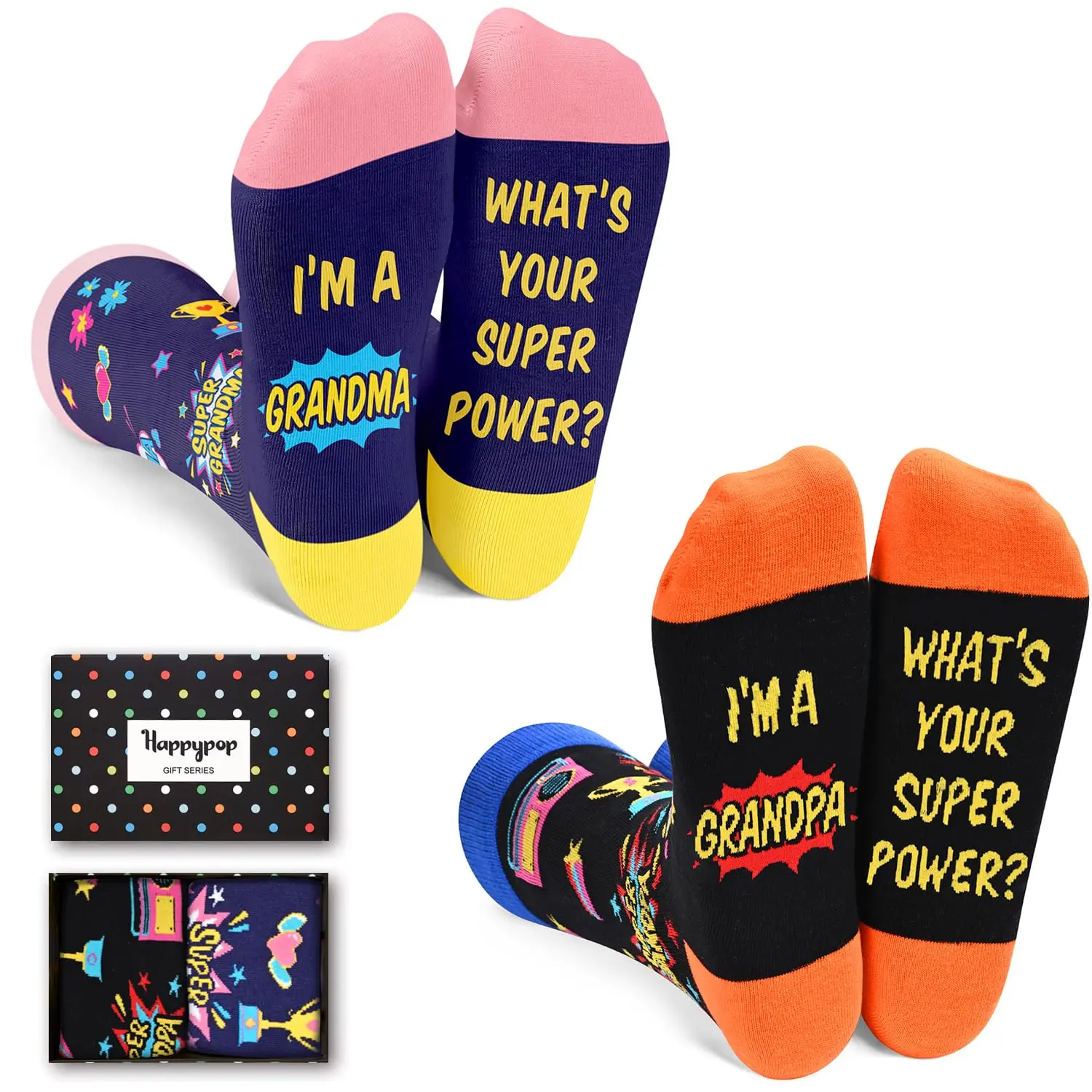 HAPPYPOP Two Pairs Grandma and Grandpa Socks for grandparents from Grandkids, First Time Grandparents Gifts, Great Grandma and Grandpa Gifts