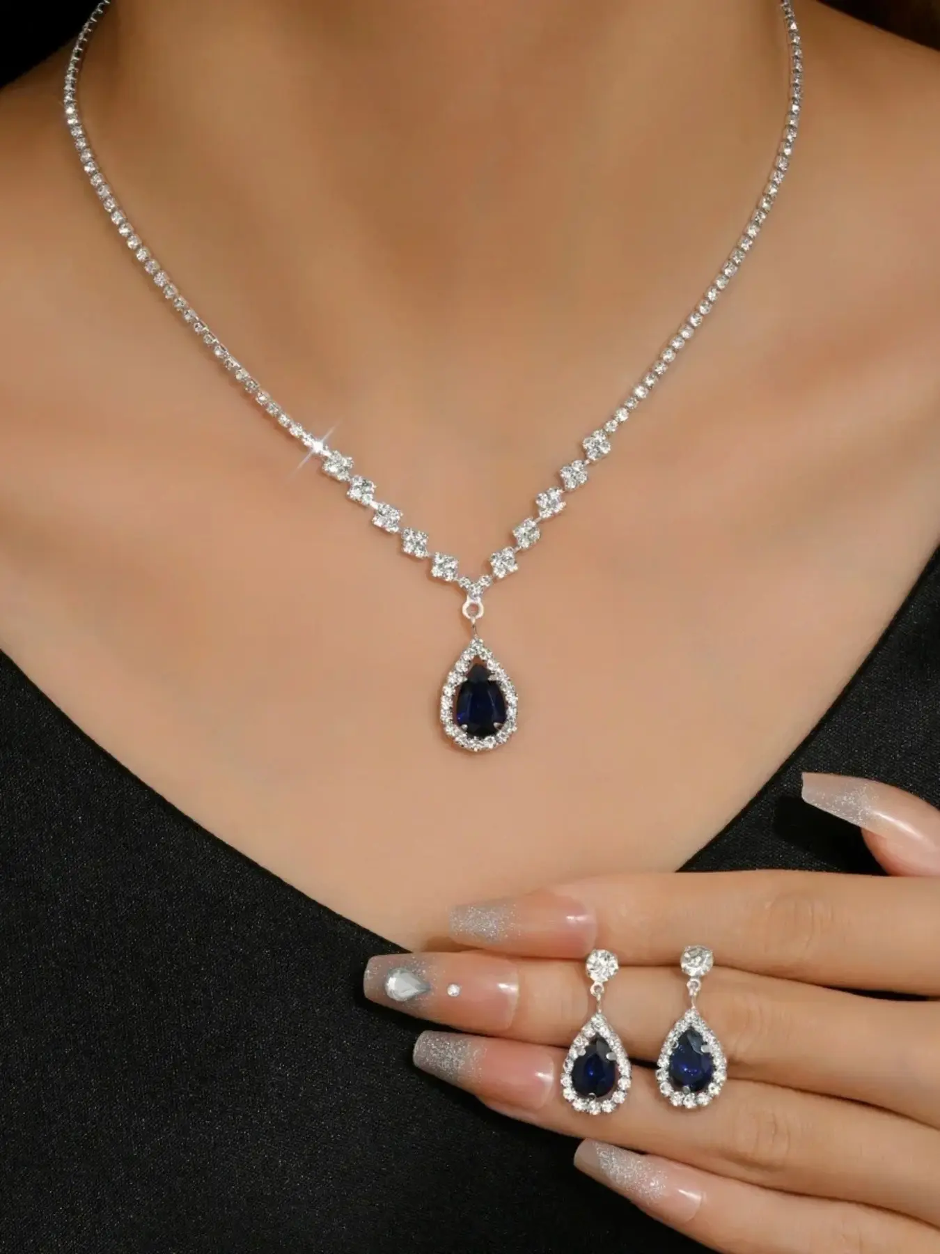 Luxury Blue Sapphire Elegant Jewelry Set, Necklace and Earrings with Halo Diamonds in Silver Tone Pendant Necklace Set