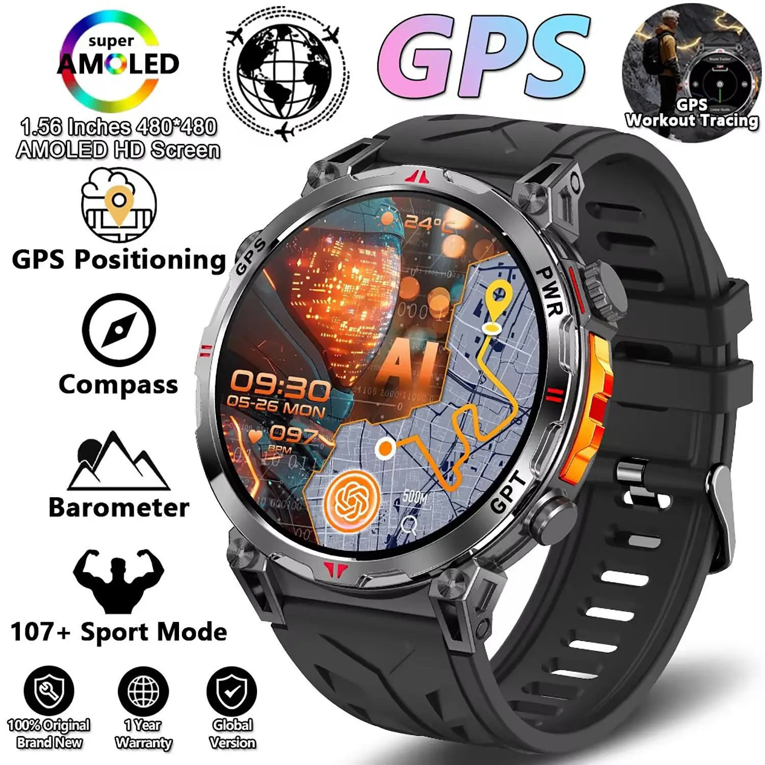 Military GPS Smartwatch with Built GPS, Compass, Altimeter, Barometer, 3atm Waterproof, 650mah Battery, Sports Bracelet for Men