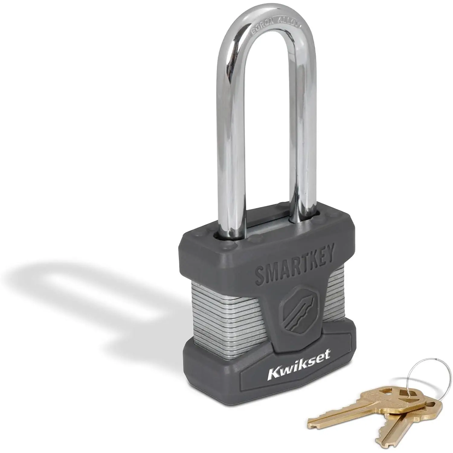 SmartKey Re-Keyable Laminated Padlock with Boron Carbide Shackle, Gate and Lock, 2 in Body, 2-1/2 in Shackle, 1 Pack, Silver