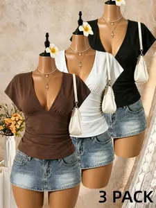 American Style Deep V Neck Flutter Sleeve Ruched Waist Short Sleeve Stretchy Top, Beach Vacation Slim Fit Stretch Solid Polka Dot T-Shirt
