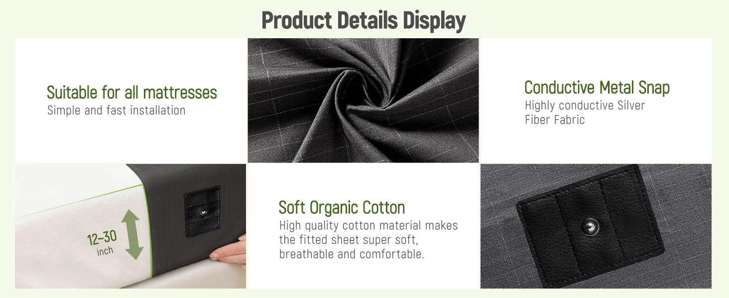 Grounding Sheets, Grounding Mat for Bed 90% Cotton+10% Pure Silver Fiber Grounded Earth Sheets Sheet for All Mattress Sizes Queen Cal King Full Twin, 106"x23.6" (Black)