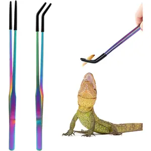Stainless Steel Reptile Feeding Tongs with Rubber Tip Straight & Curved Tweezers for Aquariums & Crafts - Feeder Tools for Bearded Dragons & Lizards - Terrarium Tank Supplies - 2 Pack
