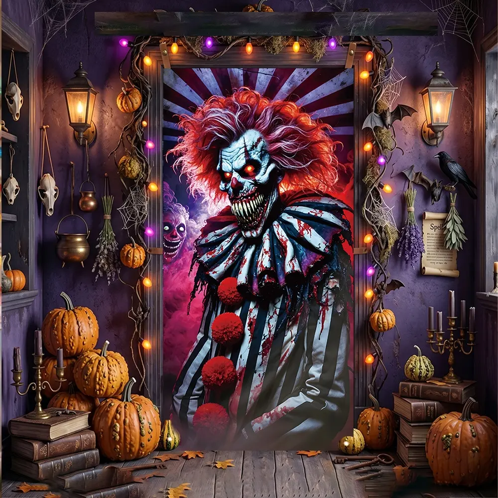 Scary Skeleton Clown Halloween Front Door Banner, featuring creepy skeleton clown with sharp fangs and spooky red-purple hair, perfect as Halloween Decorations, Haunted House Prop, Party Backdrop, Porch Sign, Yard Decor, Photography Background, Window Dis