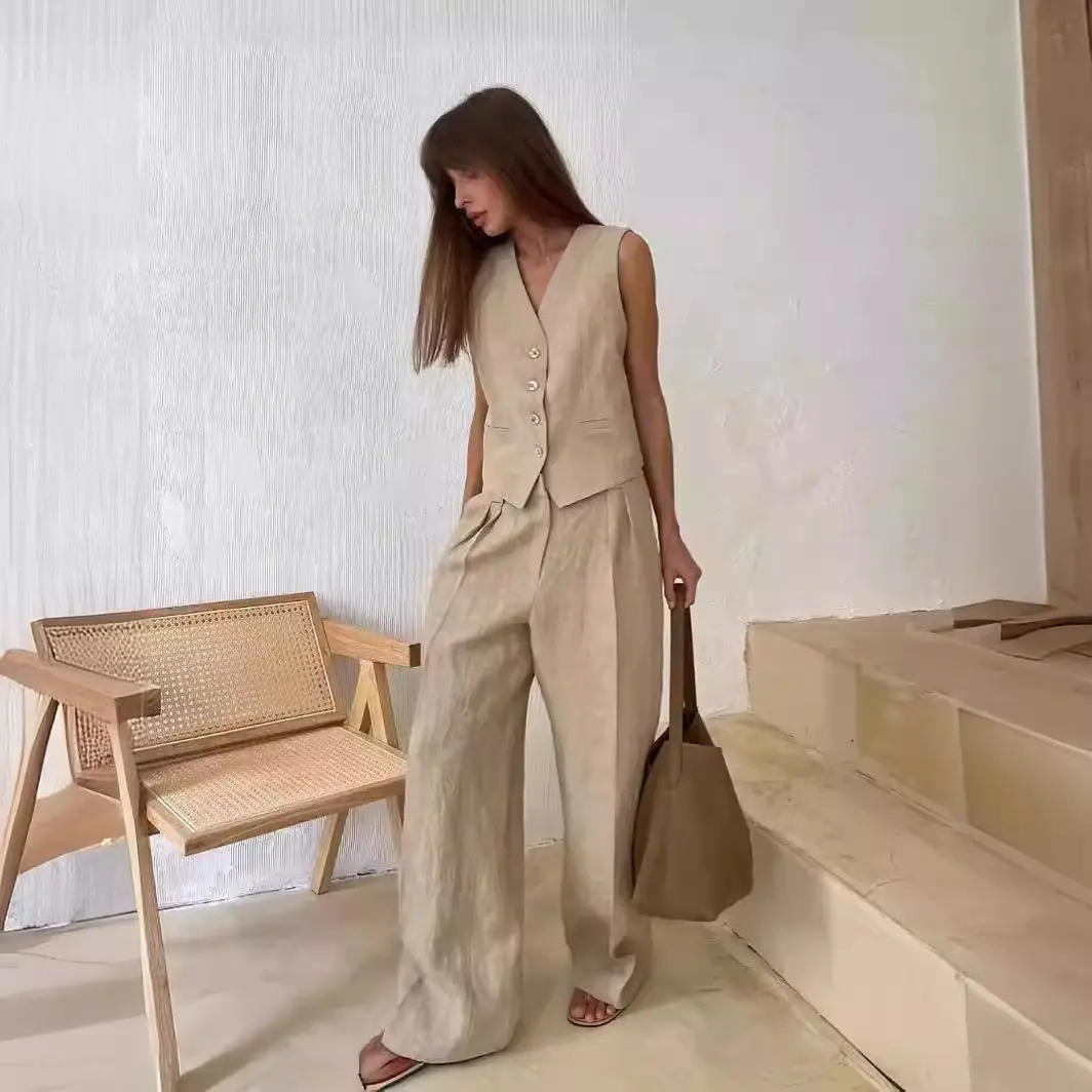 Women’s 2-Piece Viscose-Linen Blend Garment Set - V-Neck Button-Front Sleeveless Tailored Vest, Low-Rise Pleated Wide-Leg Pants, Breathable Drape Fabric Outfit for Summer, Work, Basic