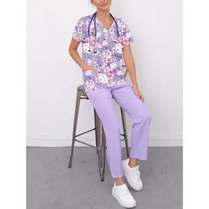Women'S Printed Work Uniform Matte Workwear Short Sleeve Apron Pocket Clothing Breathable Stretch Top And Waist Tie Pocket Pants Set