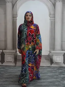 Middle East Fall Winter Hooded Drawstring Plus Size Fashion Floral Dress, Loose Fit Long Lantern Sleeves, Modest Casual Wear