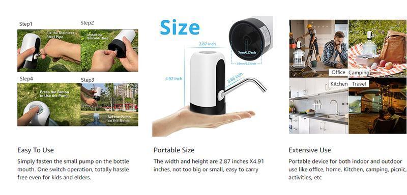 Water Dispenser for 5 Gallon Bottle - Rechargeable Water Pump for 5 Gal Jug, BPA-Free, Food Grade Silicone Hose, Stainless Steel Spout - 30-40 Days Battery Life, Easy One Switch Operation for Kitchen Outdoor Camping Office