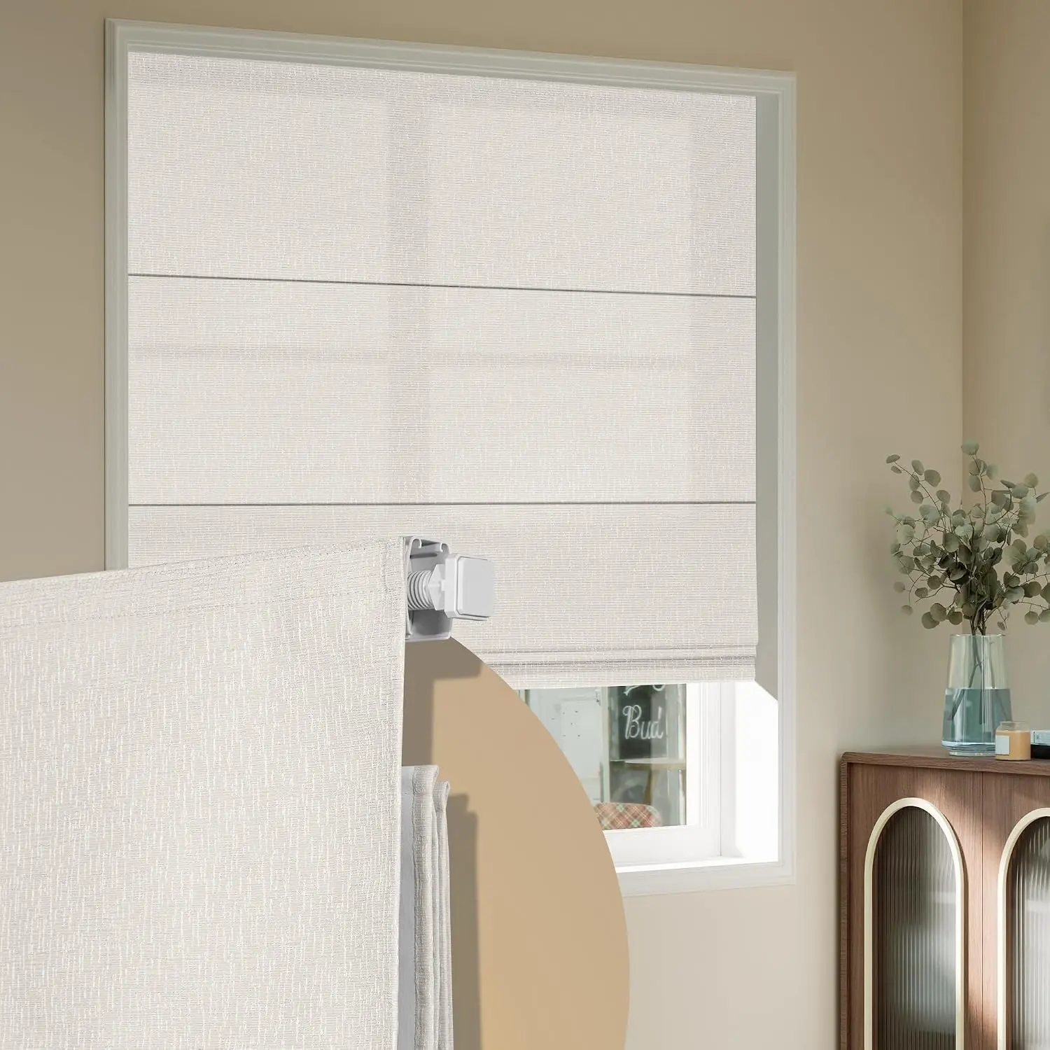No Drill Cordless Roman Shades for Windows, No Fray 70% Blackout Roman Blinds No Tools, Easy Install for Indoor Windows,Living Room,Bathroom, Bedroom, White, Custom Size