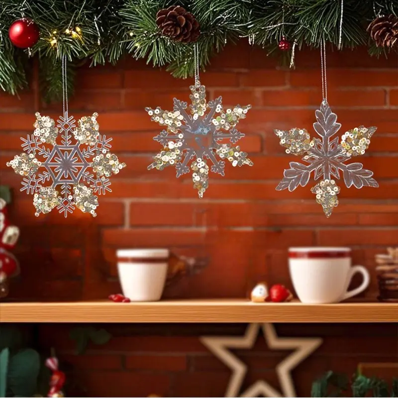 3-Piece Christmas Ornament Set, Acrylic Glitter Snowflake Decor, Transparent Crystal Tree Hanging Decoration, Holiday Atmosphere Enhancer