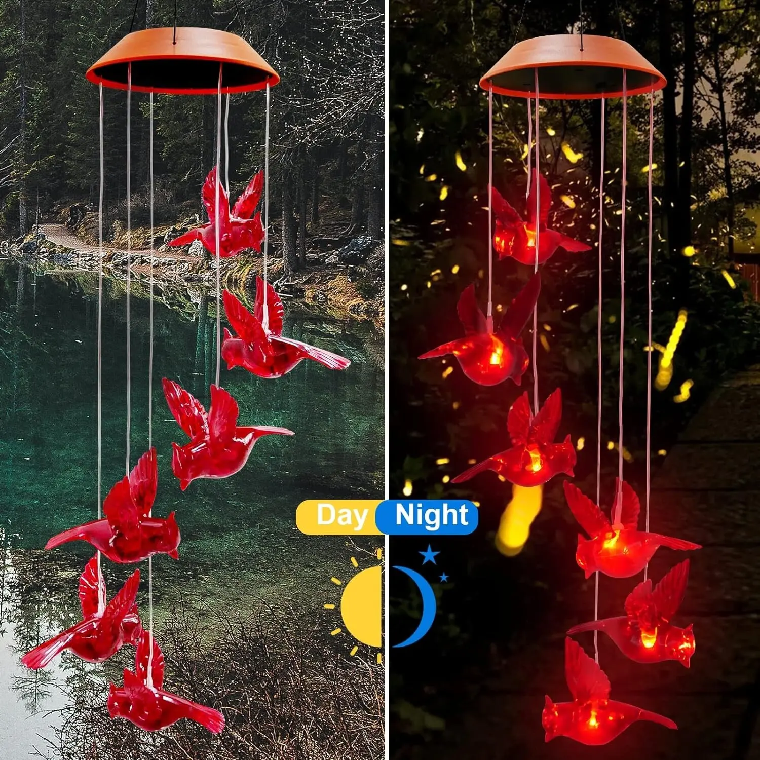 Solar redbird wind chime lights suitable for yards, gardens, and outdoor