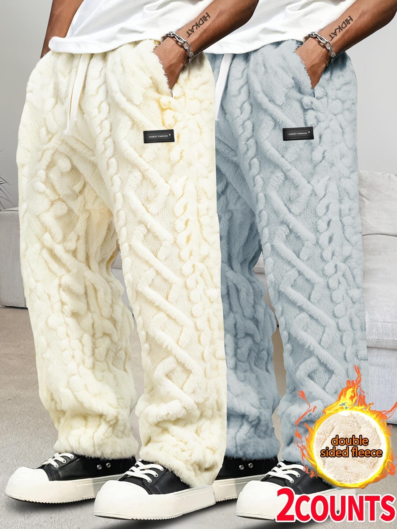 Men's double-sided velvet thickened linen casual pants (2 pieces) Autumn and Winter Plush Loose Leg Warm Home Pants (2-piece Set) Drawstring elastic waist plus plush wide leg pants