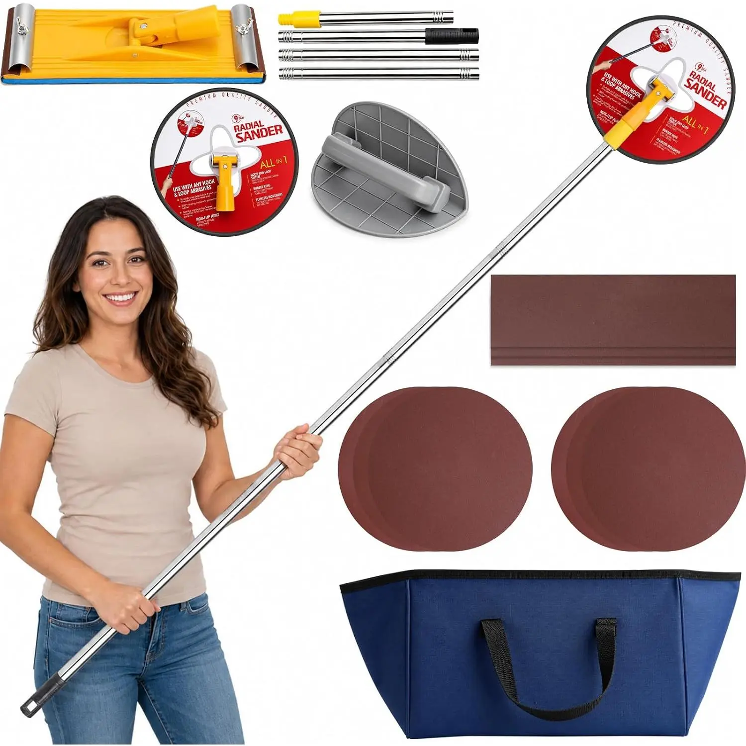 Drywall Pole Sander Kit, 12-50 Inch Adjustable Extension Pole with 360? Radial Swivel , drywall corner sander, Includes 9 count Sandpaper Discs for Popcorn Ceiling Removal & Painting Prep