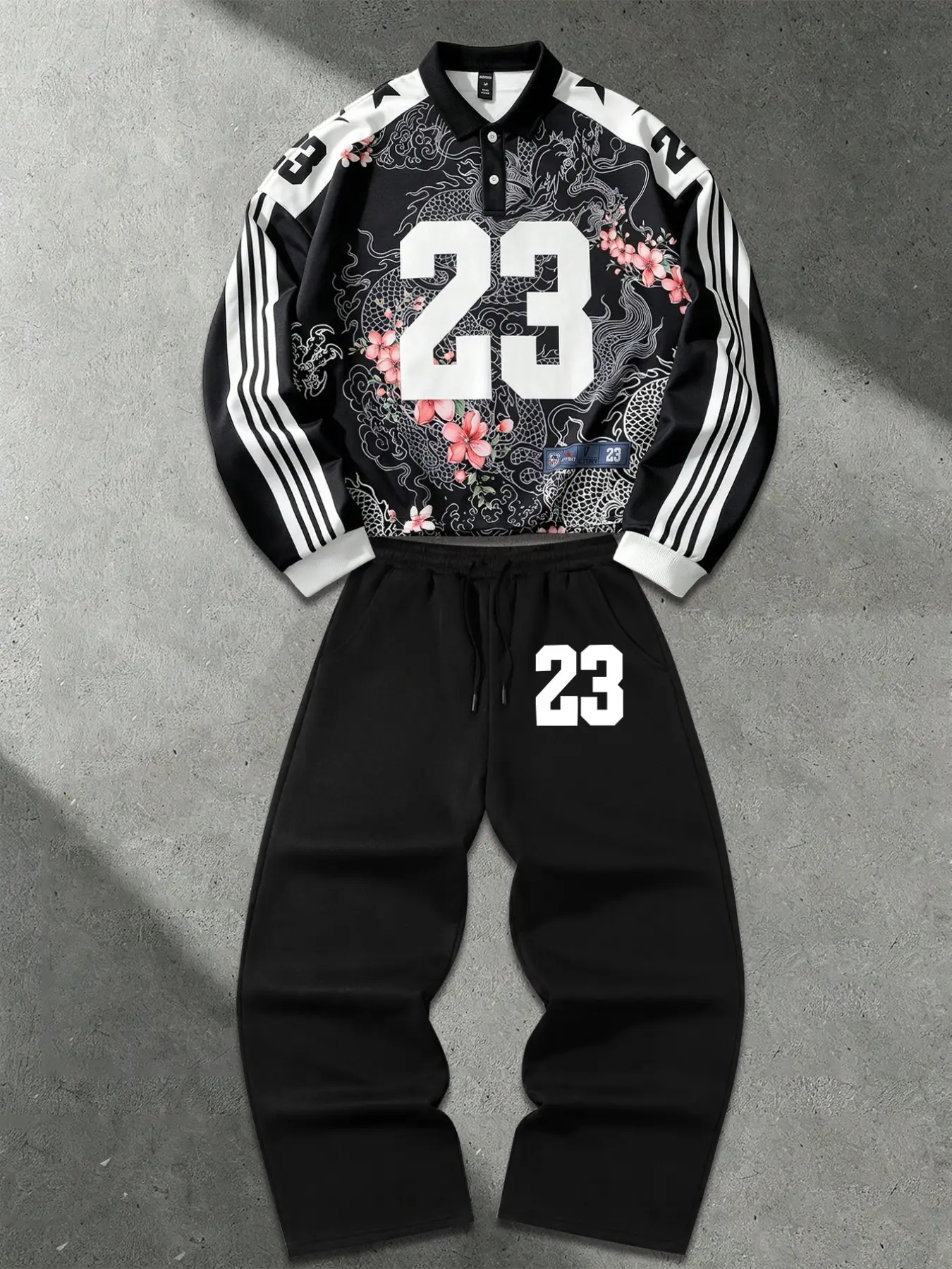 Mens Hip Hop 2 Piece Sweatsuit Set Long Sleeve Collared Polo Shirt with Chinese Dragon Floral Print Number 23 & Drawstring Joggers Track Pants Outfit