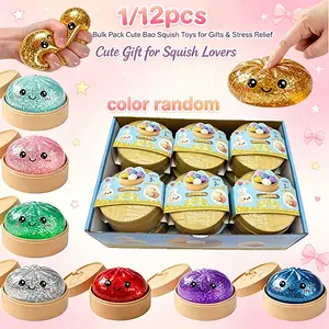 1/12 piece set - Sparkling dumpling with steamer, soft Fidget baozi squeeze toy, used to relieve adult stress and anxiety, soft squeeze stress relief dough - soft and fluffy squeeze toy - color random