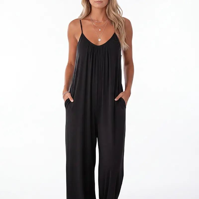 Women's Wide Leg Jumpsuit, Soft Stretchy Sleeveless One Piece with Adjustable Straps for Daily Wear and Casual Outings