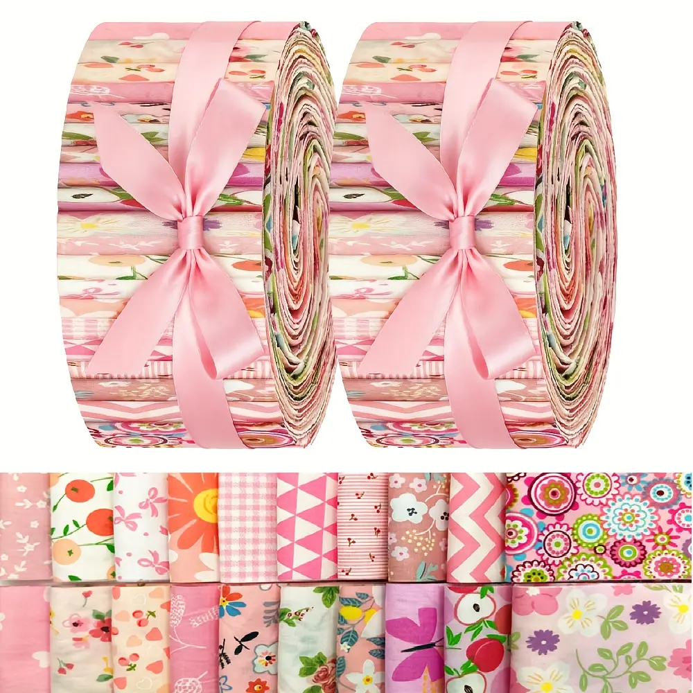 40Pcs Pink Floral Fabric Strips Polka Dot and Plaid Patterns Precut Quilting Strips 2.56x19.69 Inch Cotton Fabric Bundle for Scrapbooking and Sewing